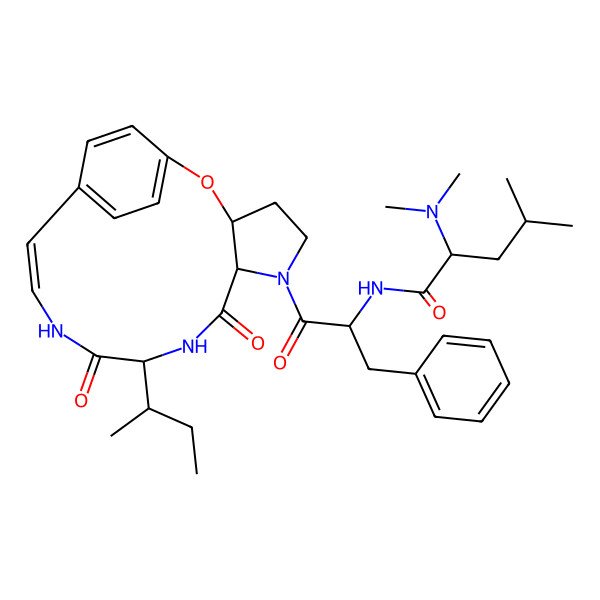 2D Structure of (2S)-N-[(2S)-1-[(7S,10S,13E)-10-butan-2-yl-8,11-dioxo-2-oxa-6,9,12-triazatricyclo[13.2.2.03,7]nonadeca-1(17),13,15,18-tetraen-6-yl]-1-oxo-3-phenylpropan-2-yl]-2-(dimethylamino)-4-methylpentanamide