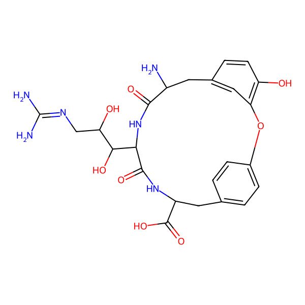 2D Structure of 9-Amino-12-[3-(diaminomethylideneamino)-1,2-dihydroxypropyl]-4-hydroxy-10,13-dioxo-2-oxa-11,14-diazatricyclo[15.2.2.13,7]docosa-1(19),3,5,7(22),17,20-hexaene-15-carboxylic acid