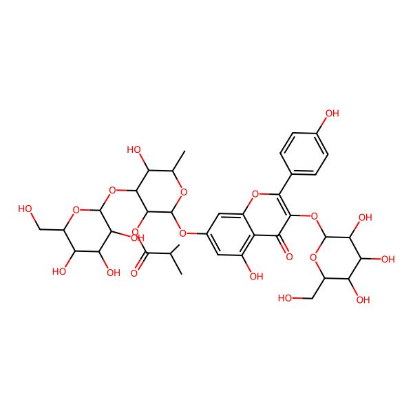 2D Structure of [5-Hydroxy-2-[5-hydroxy-2-(4-hydroxyphenyl)-4-oxo-3-[3,4,5-trihydroxy-6-(hydroxymethyl)oxan-2-yl]oxychromen-7-yl]oxy-6-methyl-4-[3,4,5-trihydroxy-6-(hydroxymethyl)oxan-2-yl]oxyoxan-3-yl] 2-methylpropanoate