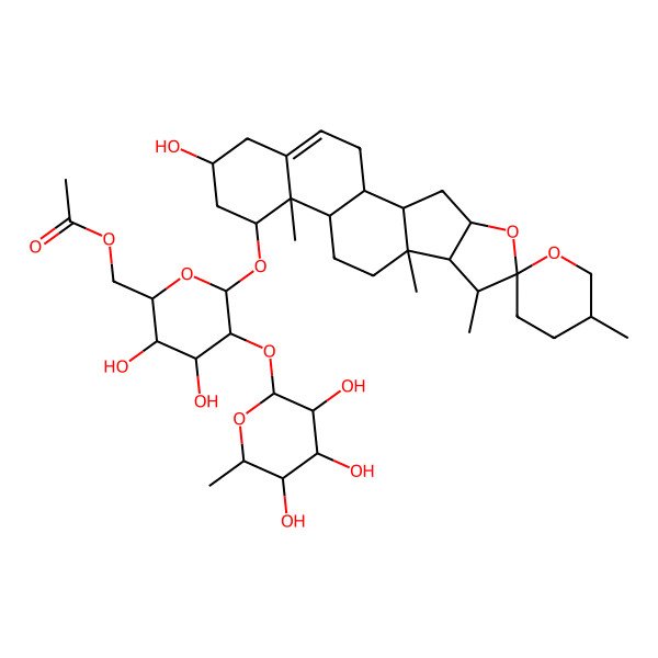 2D Structure of [(2R,3R,4S,5R,6R)-3,4-dihydroxy-6-[(1S,2S,4S,5'R,6R,7S,8R,9S,12R,13R,14R,16R)-16-hydroxy-5',7,9,13-tetramethylspiro[5-oxapentacyclo[10.8.0.02,9.04,8.013,18]icos-18-ene-6,2'-oxane]-14-yl]oxy-5-[(2S,3R,4R,5R,6S)-3,4,5-trihydroxy-6-methyloxan-2-yl]oxyoxan-2-yl]methyl acetate