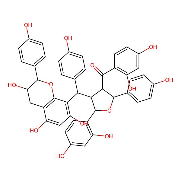 2D Structure of (2,4-dihydroxyphenyl)-[(2R,3R,4R,5S)-5-(2,4-dihydroxyphenyl)-2-(4-hydroxyphenyl)-4-[(4-hydroxyphenyl)-[(2R,3S)-3,5,7-trihydroxy-2-(4-hydroxyphenyl)-3,4-dihydro-2H-chromen-8-yl]methyl]oxolan-3-yl]methanone