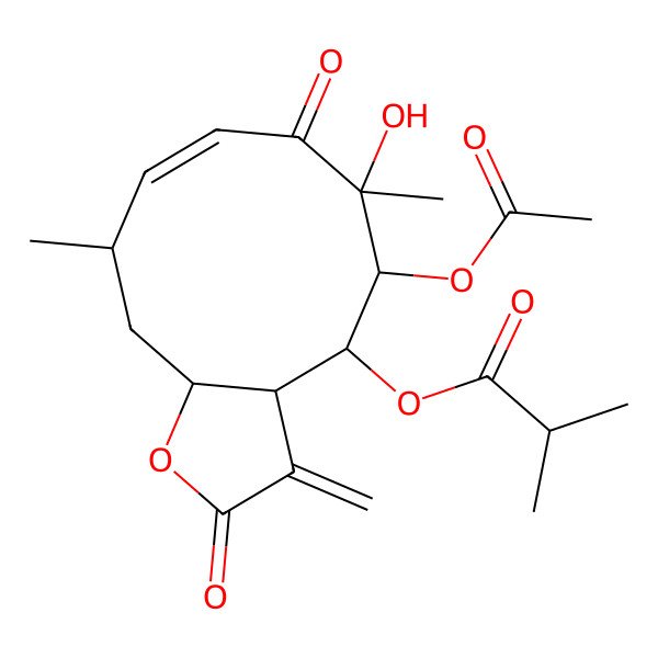 2D Structure of [(3aR,4S,5R,6R,8Z,10R,11aR)-5-acetyloxy-6-hydroxy-6,10-dimethyl-3-methylidene-2,7-dioxo-3a,4,5,10,11,11a-hexahydrocyclodeca[b]furan-4-yl] 2-methylpropanoate
