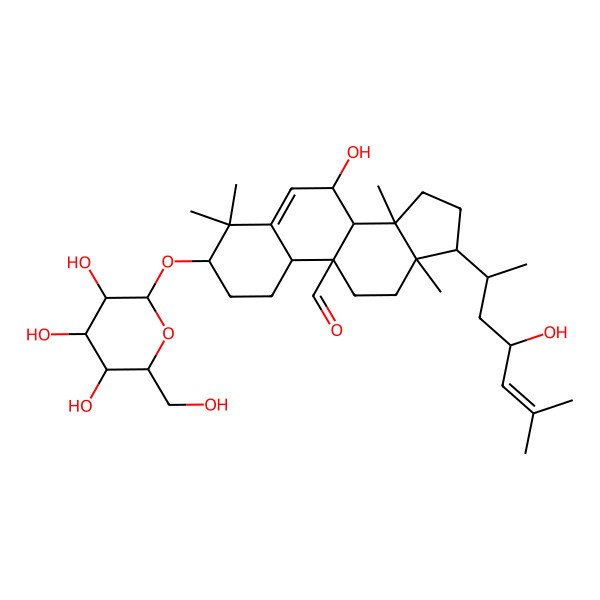 2D Structure of 7-hydroxy-17-(4-hydroxy-6-methylhept-5-en-2-yl)-4,4,13,14-tetramethyl-3-[3,4,5-trihydroxy-6-(hydroxymethyl)oxan-2-yl]oxy-2,3,7,8,10,11,12,15,16,17-decahydro-1H-cyclopenta[a]phenanthrene-9-carbaldehyde