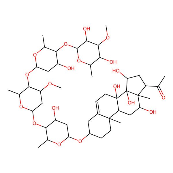 2D Structure of 1-[(3S,8S,9R,10R,12R,13S,14S,15R,17R)-3-[(2R,4S,5S,6R)-5-[(2S,4S,5R,6R)-5-[(2S,4R,5S,6R)-5-[(2S,3R,4S,5R,6R)-3,5-dihydroxy-4-methoxy-6-methyloxan-2-yl]oxy-4-hydroxy-6-methyloxan-2-yl]oxy-4-methoxy-6-methyloxan-2-yl]oxy-4-hydroxy-6-methyloxan-2-yl]oxy-8,12,14,15-tetrahydroxy-10,13-dimethyl-2,3,4,7,9,11,12,15,16,17-decahydro-1H-cyclopenta[a]phenanthren-17-yl]ethanone