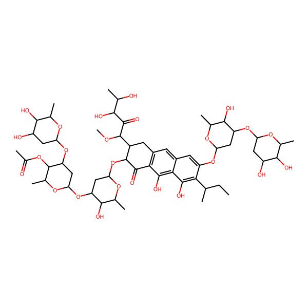 2D Structure of [6-[6-[[7-butan-2-yl-3-(3,4-dihydroxy-1-methoxy-2-oxopentyl)-6-[4-(4,5-dihydroxy-6-methyloxan-2-yl)oxy-5-hydroxy-6-methyloxan-2-yl]oxy-8,9-dihydroxy-1-oxo-3,4-dihydro-2H-anthracen-2-yl]oxy]-3-hydroxy-2-methyloxan-4-yl]oxy-4-(4,5-dihydroxy-6-methyloxan-2-yl)oxy-2-methyloxan-3-yl] acetate