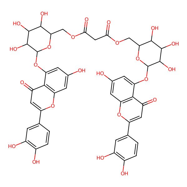 2D Structure of bis[[(2R,3S,4S,5R,6S)-6-[2-(3,4-dihydroxyphenyl)-7-hydroxy-4-oxochromen-5-yl]oxy-3,4,5-trihydroxyoxan-2-yl]methyl] propanedioate