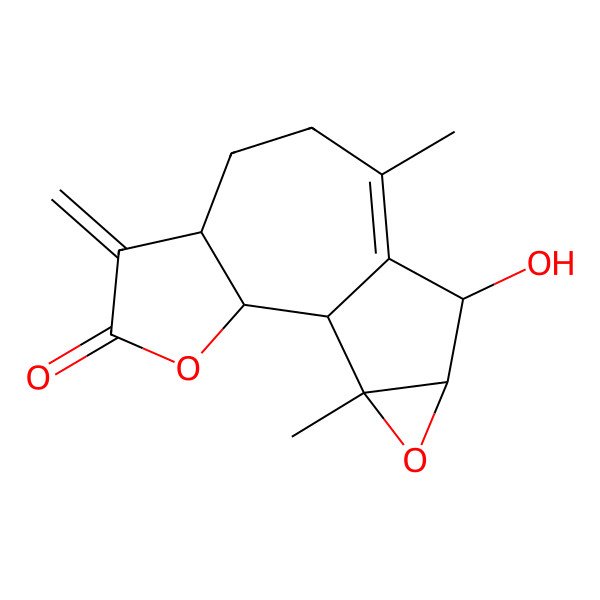 2D Structure of (1S,2S,6S,11R,12R,14S)-11-hydroxy-9,14-dimethyl-5-methylidene-3,13-dioxatetracyclo[8.4.0.02,6.012,14]tetradec-9-en-4-one