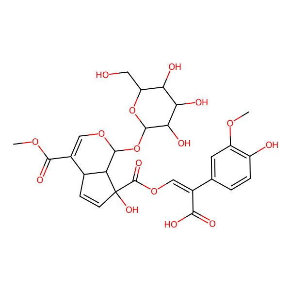 2D Structure of 3-[7-hydroxy-4-methoxycarbonyl-1-[3,4,5-trihydroxy-6-(hydroxymethyl)oxan-2-yl]oxy-4a,7a-dihydro-1H-cyclopenta[c]pyran-7-carbonyl]oxy-2-(4-hydroxy-3-methoxyphenyl)prop-2-enoic acid