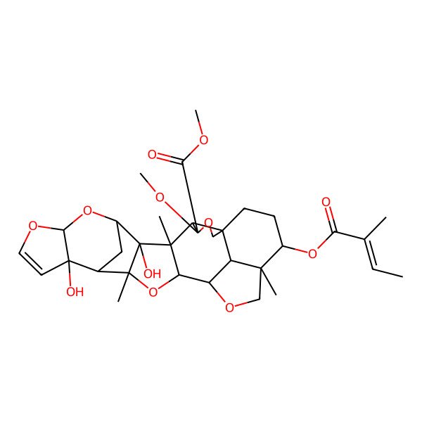 2D Structure of methyl (1R,4S,5R,6S,7R,8S,10S,14S,15S,16R,18S,19R,22R,23R,26R)-7,14-dihydroxy-4-methoxy-6,16,22-trimethyl-23-[(E)-2-methylbut-2-enoyl]oxy-3,9,11,17,20-pentaoxaoctacyclo[17.6.1.18,15.01,5.06,18.07,16.010,14.022,26]heptacos-12-ene-4-carboxylate