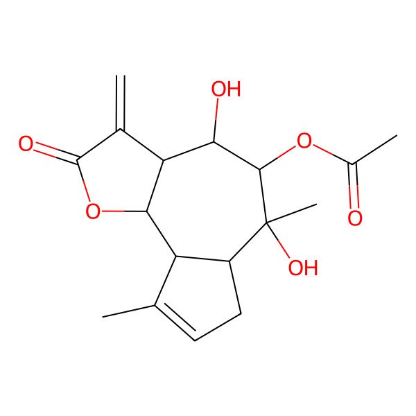 2D Structure of (4,6-dihydroxy-6,9-dimethyl-3-methylidene-2-oxo-4,5,6a,7,9a,9b-hexahydro-3aH-azuleno[4,5-b]furan-5-yl) acetate