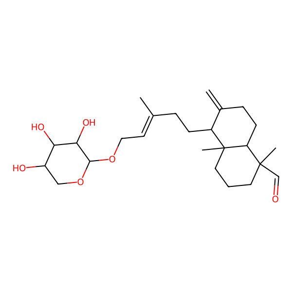 2D Structure of (1S,4aR,5S,8aR)-1,4a-dimethyl-6-methylidene-5-[(E)-3-methyl-5-[(2R,3R,4S,5R)-3,4,5-trihydroxyoxan-2-yl]oxypent-3-enyl]-3,4,5,7,8,8a-hexahydro-2H-naphthalene-1-carbaldehyde