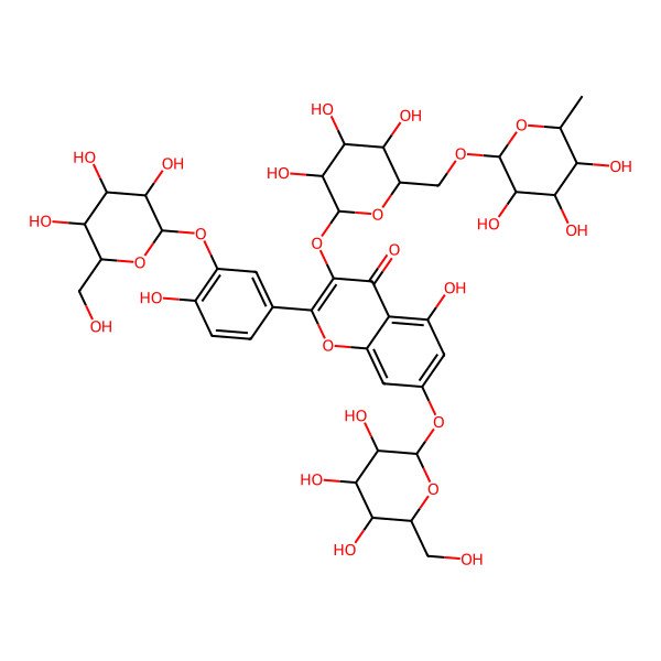 2D Structure of 5-hydroxy-2-[4-hydroxy-3-[(2S,3S,4S,5S,6S)-3,4,5-trihydroxy-6-(hydroxymethyl)oxan-2-yl]oxyphenyl]-7-[(2S,3R,4S,5S,6R)-3,4,5-trihydroxy-6-(hydroxymethyl)oxan-2-yl]oxy-3-[(2S,3R,4S,5S,6S)-3,4,5-trihydroxy-6-[[(2R,3R,4S,5R,6S)-3,4,5-trihydroxy-6-methyloxan-2-yl]oxymethyl]oxan-2-yl]oxychromen-4-one