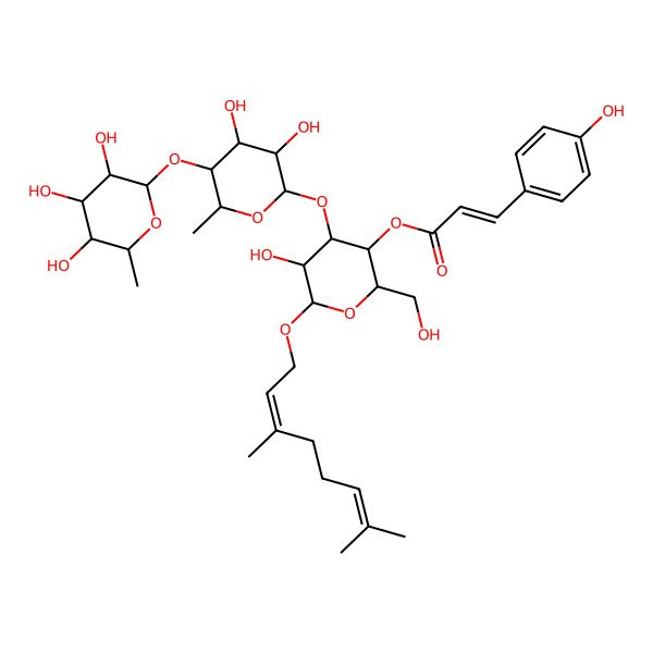 2D Structure of [(2R,4R,5R,6R)-4-[(2S,3R,4S,5R,6S)-3,4-dihydroxy-6-methyl-5-[(2S,3R,4R,5R,6S)-3,4,5-trihydroxy-6-methyloxan-2-yl]oxyoxan-2-yl]oxy-6-[(2E)-3,7-dimethylocta-2,6-dienoxy]-5-hydroxy-2-(hydroxymethyl)oxan-3-yl] (E)-3-(4-hydroxyphenyl)prop-2-enoate
