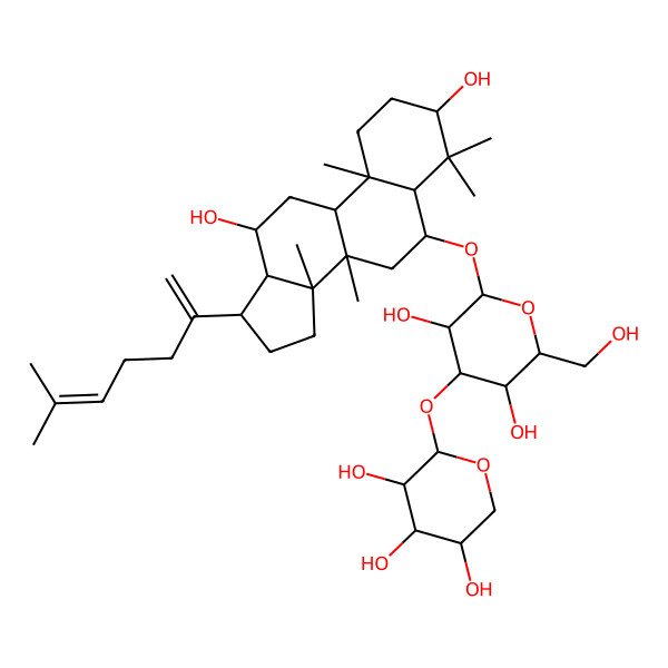 2D Structure of 2-[2-[[3,12-dihydroxy-4,4,8,10,14-pentamethyl-17-(6-methylhepta-1,5-dien-2-yl)-2,3,5,6,7,9,11,12,13,15,16,17-dodecahydro-1H-cyclopenta[a]phenanthren-6-yl]oxy]-3,5-dihydroxy-6-(hydroxymethyl)oxan-4-yl]oxyoxane-3,4,5-triol
