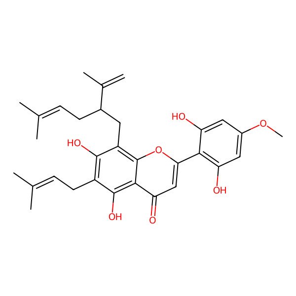 2D Structure of 2-(2,6-Dihydroxy-4-methoxy-phenyl)-5,7-dihydroxy-8-(2-isopropenyl-5-methyl-hex-4-enyl)-6-(3-methylbut-2-enyl)chromen-4-one