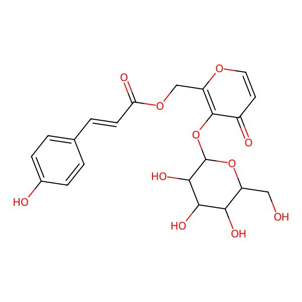 2D Structure of [4-oxo-3-[(2S,3R,4S,5S,6R)-3,4,5-trihydroxy-6-(hydroxymethyl)oxan-2-yl]oxypyran-2-yl]methyl (E)-3-(4-hydroxyphenyl)prop-2-enoate