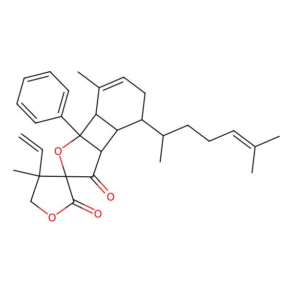 2D Structure of (1R,2R,4S,4'R,6S,7R,8S)-4'-ethenyl-4',11-dimethyl-8-[(2R)-6-methylhept-5-en-2-yl]-2-phenylspiro[3-oxatricyclo[5.4.0.02,6]undec-10-ene-4,3'-oxolane]-2',5-dione