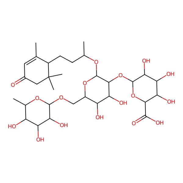 2D Structure of (2S,3S,4S,5R,6R)-6-[(2R,3R,4S,5S,6R)-4,5-dihydroxy-6-[[(2S,3R,4R,5R,6S)-3,4,5-trihydroxy-6-methyloxan-2-yl]oxymethyl]-2-[(2R)-4-[(1R)-2,6,6-trimethyl-4-oxocyclohex-2-en-1-yl]butan-2-yl]oxyoxan-3-yl]oxy-3,4,5-trihydroxyoxane-2-carboxylic acid