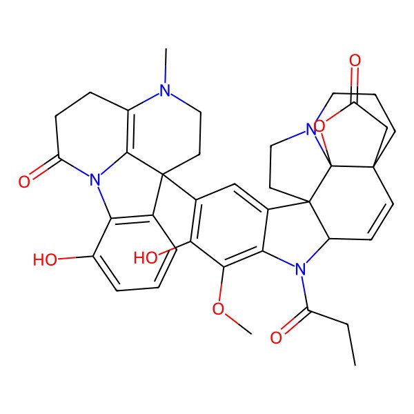 2D Structure of 8-Hydroxy-9-(14-hydroxy-6-methyl-2-oxo-1,6-diazatetracyclo[7.6.1.05,16.010,15]hexadeca-5(16),10(15),11,13-tetraen-9-yl)-7-methoxy-5-propanoyl-17-oxa-5,15-diazahexacyclo[13.4.3.01,16.04,12.06,11.012,16]docosa-2,6,8,10-tetraen-18-one