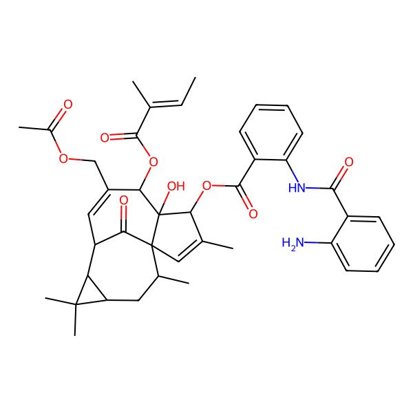 2D Structure of [7-(Acetyloxymethyl)-5-hydroxy-3,11,11,14-tetramethyl-6-(2-methylbut-2-enoyloxy)-15-oxo-4-tetracyclo[7.5.1.01,5.010,12]pentadeca-2,7-dienyl] 2-[(2-aminobenzoyl)amino]benzoate