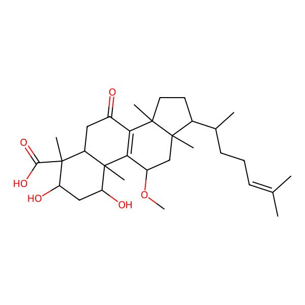2D Structure of 1,3-Dihydroxy-11-methoxy-4,10,13,14-tetramethyl-17-(6-methylhept-5-en-2-yl)-7-oxo-1,2,3,5,6,11,12,15,16,17-decahydrocyclopenta[a]phenanthrene-4-carboxylic acid