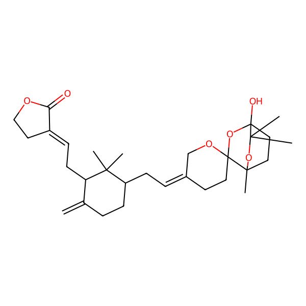 2D Structure of 3-[2-[3-[2-(1-Hydroxy-4,6,6-trimethylspiro[2,5-dioxabicyclo[2.2.2]octane-3,6'-oxane]-3'-ylidene)ethyl]-2,2-dimethyl-6-methylidenecyclohexyl]ethylidene]oxolan-2-one