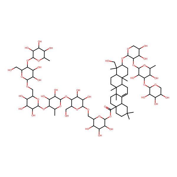 2D Structure of [(2S,3R,4S,5S,6R)-6-[[(2R,3R,4R,5S,6R)-5-[(2S,3R,4S,5R,6S)-5-[(2S,3R,4S,5S,6R)-6-[[(2R,3R,4R,5S,6R)-3,4-dihydroxy-6-(hydroxymethyl)-5-[(2S,3R,4R,5R,6S)-3,4,5-trihydroxy-6-methyloxan-2-yl]oxyoxan-2-yl]oxymethyl]-3,4,5-trihydroxyoxan-2-yl]oxy-3,4-dihydroxy-6-methyloxan-2-yl]oxy-3,4-dihydroxy-6-(hydroxymethyl)oxan-2-yl]oxymethyl]-3,4,5-trihydroxyoxan-2-yl] (4aS,6aR,6aS,6bR,8aR,9R,10S,12aR,14bS)-10-[(2S,3R,4S,5S)-3-[(2S,3R,4R,5S,6S)-3,5-dihydroxy-6-methyl-4-[(2S,3R,4R,5R)-3,4,5-trihydroxyoxan-2-yl]oxyoxan-2-yl]oxy-4,5-dihydroxyoxan-2-yl]oxy-9-(hydroxymethyl)-2,2,6a,6b,9,12a-hexamethyl-1,3,4,5,6,6a,7,8,8a,10,11,12,13,14b-tetradecahydropicene-4a-carboxylate