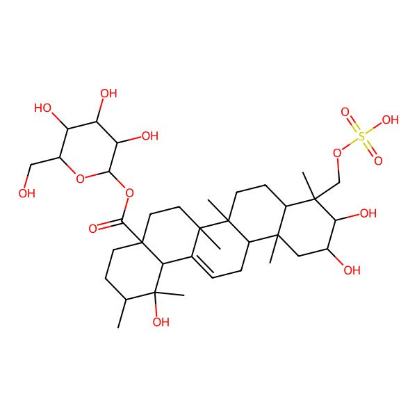 2D Structure of [3,4,5-Trihydroxy-6-(hydroxymethyl)oxan-2-yl] 1,10,11-trihydroxy-1,2,6a,6b,9,12a-hexamethyl-9-(sulfooxymethyl)-2,3,4,5,6,6a,7,8,8a,10,11,12,13,14b-tetradecahydropicene-4a-carboxylate