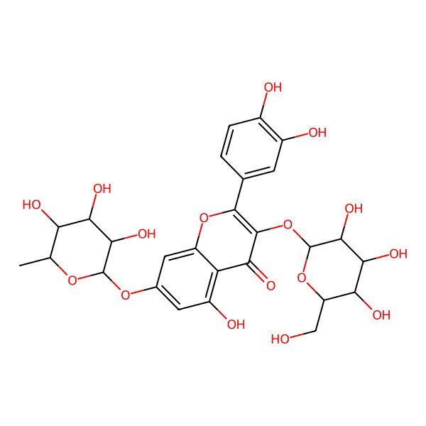 2D Structure of 2-(3,4-dihydroxyphenyl)-5-hydroxy-3-[(2S,3R,4S,5S,6R)-3,4,5-trihydroxy-6-(hydroxymethyl)oxan-2-yl]oxy-7-[(2R,3S,4S,5S,6R)-3,4,5-trihydroxy-6-methyloxan-2-yl]oxychromen-4-one