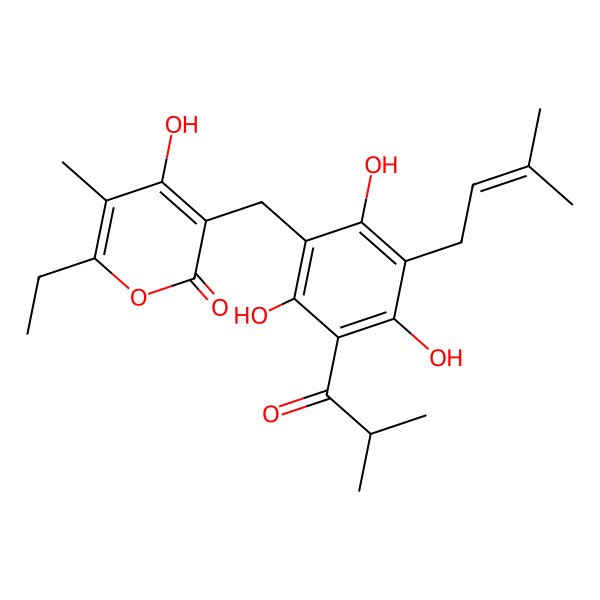2D Structure of 6-Ethyl-4-hydroxy-5-methyl-3-[[2,4,6-trihydroxy-3-(3-methyl-2-butenyl)-5-(2-methyl-1-oxopropyl)phenyl]methyl]-2 h-pyran-2-one