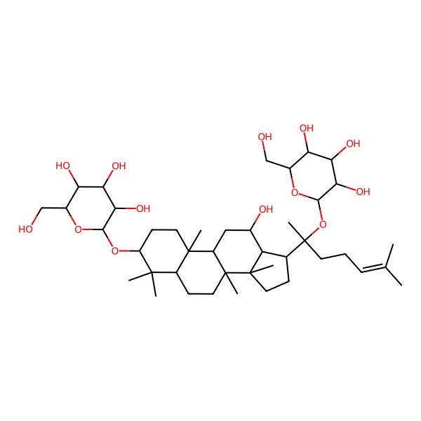 2D Structure of 2-(Hydroxymethyl)-6-[[12-hydroxy-4,4,8,10,14-pentamethyl-17-[6-methyl-2-[3,4,5-trihydroxy-6-(hydroxymethyl)oxan-2-yl]oxyhept-5-en-2-yl]-2,3,5,6,7,9,11,12,13,15,16,17-dodecahydro-1H-cyclopenta[a]phenanthren-3-yl]oxy]oxane-3,4,5-triol