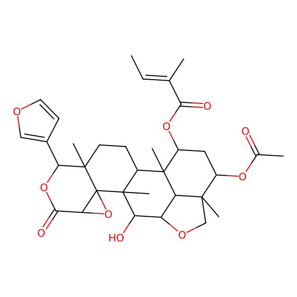 2D Structure of [(1R,2R,5S,6S,9S,11R,12S,13S,14R,17R,18R,20S,21R)-18-acetyloxy-6-(furan-3-yl)-13-hydroxy-1,5,12,17-tetramethyl-8-oxo-7,10,15-trioxahexacyclo[12.6.1.02,12.05,11.09,11.017,21]henicosan-20-yl] (E)-2-methylbut-2-enoate