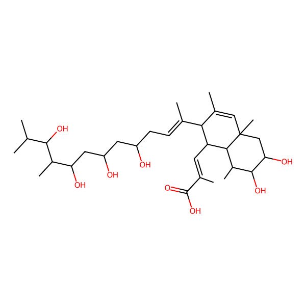2D Structure of (E)-3-[(1S,2S,4aS,6S,7R,8S,8aR)-6,7-dihydroxy-3,4a,8-trimethyl-2-[(E,5R,7S,9S,11S)-5,7,9,11-tetrahydroxy-10,12-dimethyltridec-2-en-2-yl]-2,5,6,7,8,8a-hexahydro-1H-naphthalen-1-yl]-2-methylprop-2-enoic acid
