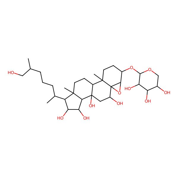 2D Structure of 15-(7-Hydroxy-6-methylheptan-2-yl)-2,16-dimethyl-5-(3,4,5-trihydroxyoxan-2-yl)oxy-7-oxapentacyclo[9.7.0.02,8.06,8.012,16]octadecane-9,11,13,14-tetrol