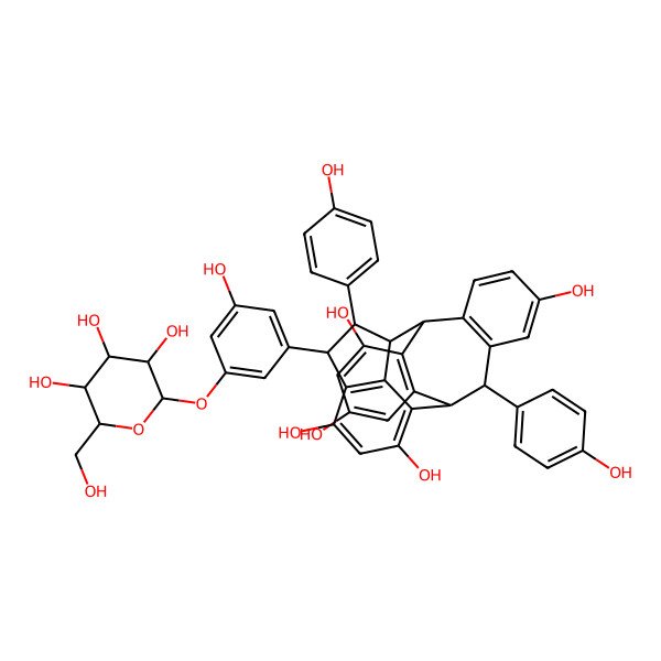 2D Structure of (1R,2R,3S,4R,10R,11R)-3,11-bis(4-hydroxyphenyl)-4-[3-hydroxy-5-[(2S,3R,4S,5S,6R)-3,4,5-trihydroxy-6-(hydroxymethyl)oxan-2-yl]oxyphenyl]hexacyclo[8.7.6.12,5.012,17.018,23.09,24]tetracosa-5(24),6,8,12(17),13,15,18(23),19,21-nonaene-6,8,14,19,21-pentol
