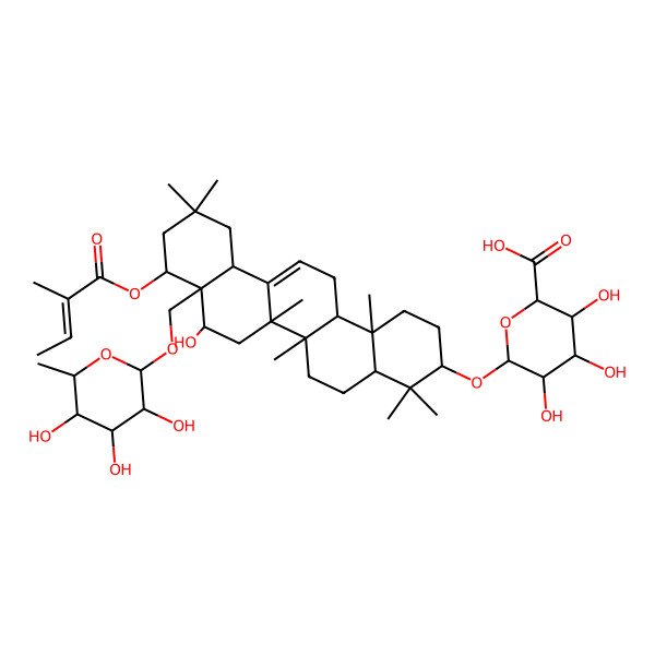 2D Structure of (2S,3S,4S,5R,6R)-6-[[(3S,4aR,6aR,6bS,8S,8aR,9S,12aS,14aR,14bR)-8-hydroxy-4,4,6a,6b,11,11,14b-heptamethyl-9-[(E)-2-methylbut-2-enoyl]oxy-8a-[[(2R,3R,4R,5R,6S)-3,4,5-trihydroxy-6-methyloxan-2-yl]oxymethyl]-1,2,3,4a,5,6,7,8,9,10,12,12a,14,14a-tetradecahydropicen-3-yl]oxy]-3,4,5-trihydroxyoxane-2-carboxylic acid