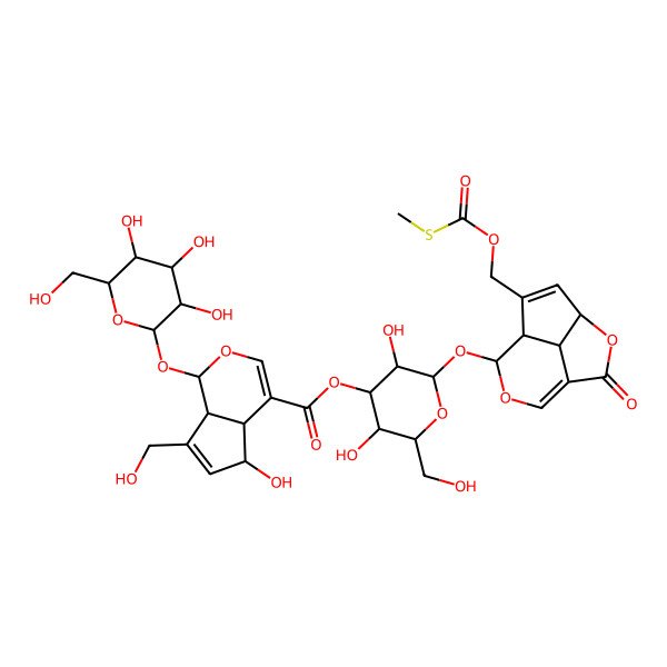 2D Structure of [(2R,3R,4S,5R,6S)-3,5-dihydroxy-2-(hydroxymethyl)-6-[[(4R,7S,8S,11S)-6-(methylsulfanylcarbonyloxymethyl)-2-oxo-3,9-dioxatricyclo[5.3.1.04,11]undeca-1(10),5-dien-8-yl]oxy]oxan-4-yl] (1S,4aS,5R,7aS)-5-hydroxy-7-(hydroxymethyl)-1-[(2S,3R,4S,5S,6R)-3,4,5-trihydroxy-6-(hydroxymethyl)oxan-2-yl]oxy-1,4a,5,7a-tetrahydrocyclopenta[c]pyran-4-carboxylate