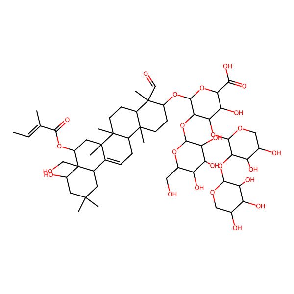 2D Structure of (2S,3S,4S,5R,6R)-6-[[(3S,4S,4aR,6aR,6bS,8R,8aS,9S,12aS,14aR,14bR)-4-formyl-9-hydroxy-8a-(hydroxymethyl)-4,6a,6b,11,11,14b-hexamethyl-8-[(Z)-2-methylbut-2-enoyl]oxy-1,2,3,4a,5,6,7,8,9,10,12,12a,14,14a-tetradecahydropicen-3-yl]oxy]-4-[(2S,3R,4S,5S)-4,5-dihydroxy-3-[(2S,3R,4S,5R)-3,4,5-trihydroxyoxan-2-yl]oxyoxan-2-yl]oxy-3-hydroxy-5-[(2S,3R,4S,5R,6R)-3,4,5-trihydroxy-6-(hydroxymethyl)oxan-2-yl]oxyoxane-2-carboxylic acid