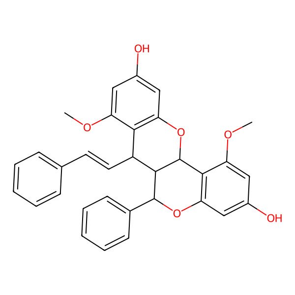 2D Structure of (6S,6aR,7S,12aR)-1,8-dimethoxy-6-phenyl-7-[(E)-2-phenylethenyl]-6,6a,7,12a-tetrahydrochromeno[3,2-c]chromene-3,10-diol