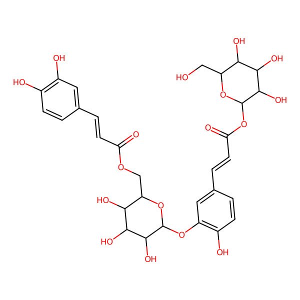 2D Structure of [(2R,3S,4S,5R,6S)-3,4,5-trihydroxy-6-[2-hydroxy-5-[(E)-3-oxo-3-[(2S,3R,4S,5S,6R)-3,4,5-trihydroxy-6-(hydroxymethyl)oxan-2-yl]oxyprop-1-enyl]phenoxy]oxan-2-yl]methyl (E)-3-(3,4-dihydroxyphenyl)prop-2-enoate
