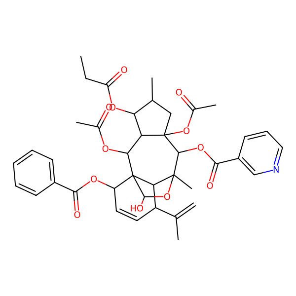 2D Structure of [(1R,2R,3R,4S,5S,7R,8R,9R,10R,11S,14R,15R)-2,7-diacetyloxy-14-benzoyloxy-15-hydroxy-5,9-dimethyl-4-propanoyloxy-11-prop-1-en-2-yl-16-oxatetracyclo[7.5.2.01,10.03,7]hexadec-12-en-8-yl] pyridine-3-carboxylate