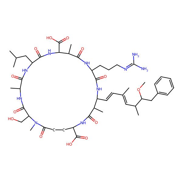 2D Structure of 15-[3-(Diaminomethylideneamino)propyl]-2-(hydroxymethyl)-18-(6-methoxy-3,5-dimethyl-7-phenylhepta-1,3-dienyl)-1,5,12,19-tetramethyl-8-(2-methylpropyl)-3,6,9,13,16,20,25-heptaoxo-1,4,7,10,14,17,21-heptazacyclopentacosane-11,22-dicarboxylic acid