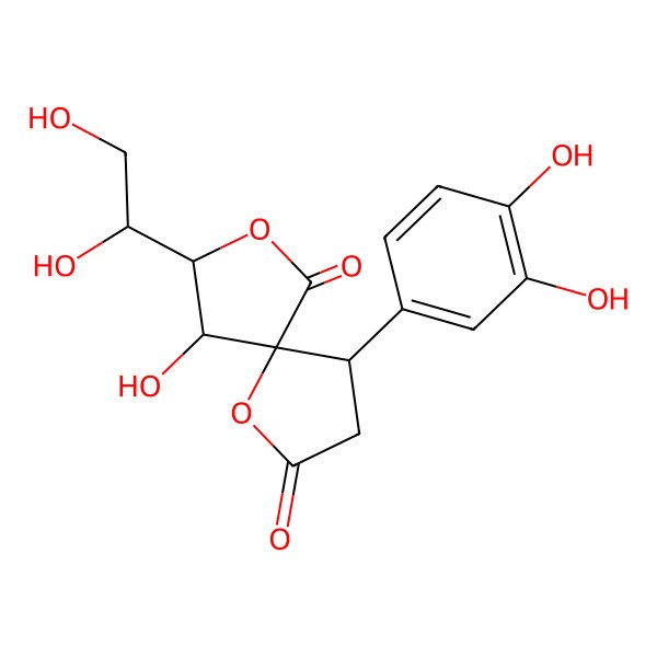 2D Structure of (4R,5S,8R,9S)-8-[(1S)-1,2-dihydroxyethyl]-4-(3,4-dihydroxyphenyl)-9-hydroxy-1,7-dioxaspiro[4.4]nonane-2,6-dione