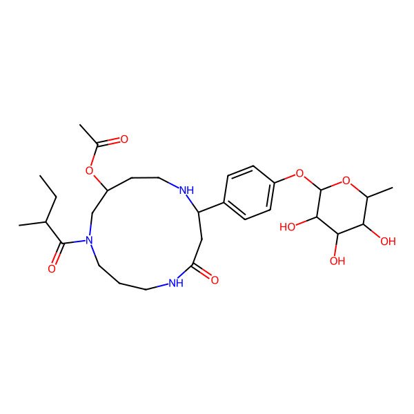 2D Structure of [(2S,11R)-9-[(2S)-2-methylbutanoyl]-4-oxo-2-[4-[(2S,3R,4R,5R,6S)-3,4,5-trihydroxy-6-methyloxan-2-yl]oxyphenyl]-1,5,9-triazacyclotridec-11-yl] acetate