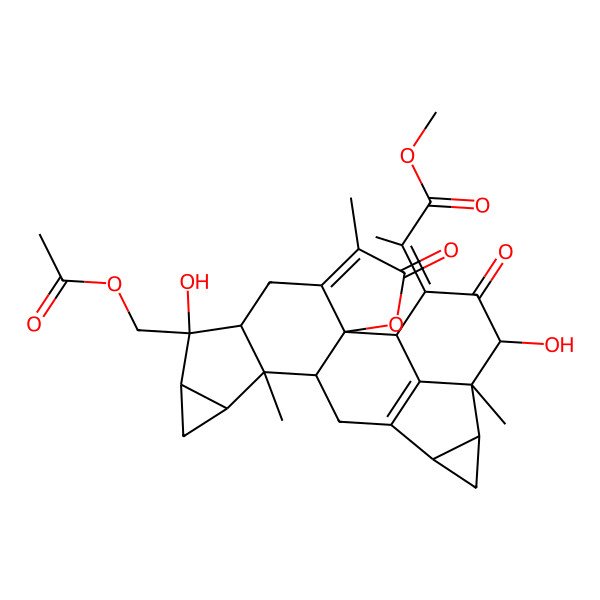 2D Structure of methyl (2Z)-2-[(1S,2S,8R,9S,10S,12R,13S,14S,17S,19R,20S,21R)-9-(acetyloxymethyl)-9,21-dihydroxy-5,13,20-trimethyl-4,22-dioxo-3-oxaoctacyclo[14.7.1.02,6.02,14.08,13.010,12.017,19.020,24]tetracosa-5,16(24)-dien-23-ylidene]propanoate