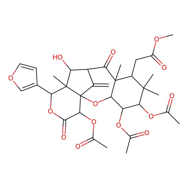 2D Structure of Methyl 2-[4,5,16-triacetyloxy-13-(furan-3-yl)-11-hydroxy-6,6,8,12-tetramethyl-17-methylidene-9,15-dioxo-2,14-dioxatetracyclo[8.6.1.01,12.03,8]heptadecan-7-yl]acetate