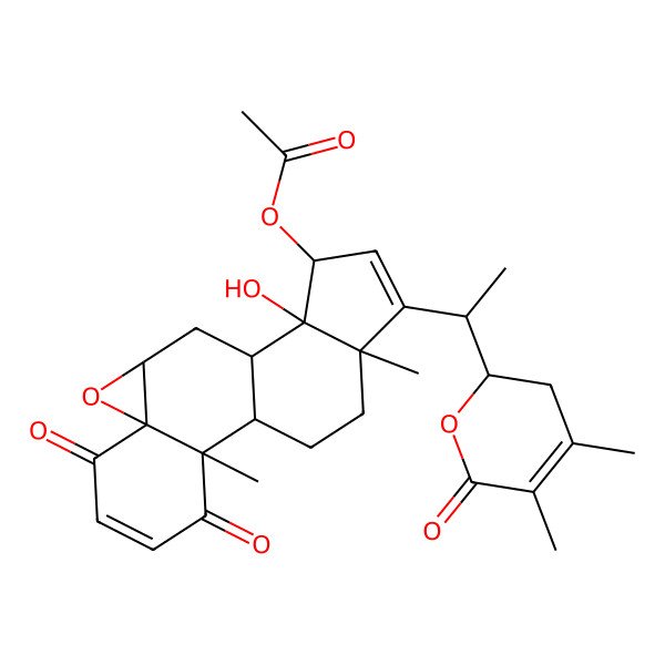 2D Structure of [15-[1-(4,5-Dimethyl-6-oxo-2,3-dihydropyran-2-yl)ethyl]-12-hydroxy-2,16-dimethyl-3,6-dioxo-8-oxapentacyclo[9.7.0.02,7.07,9.012,16]octadeca-4,14-dien-13-yl] acetate