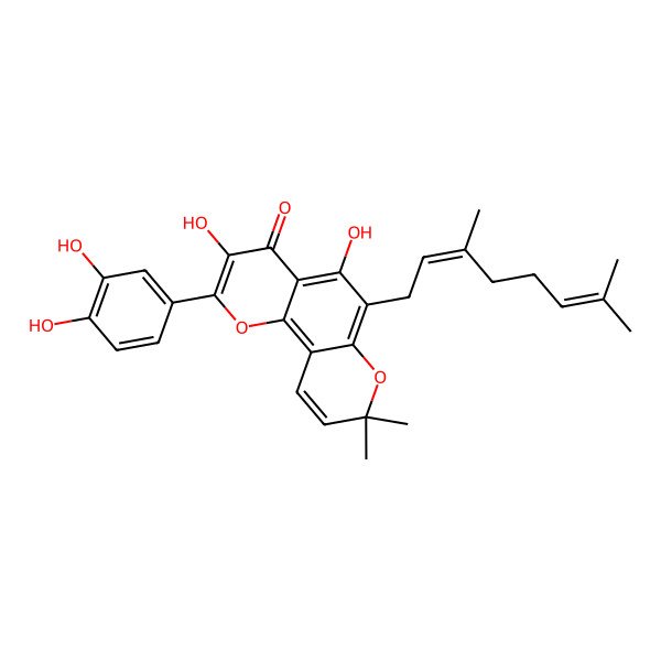 2D Structure of 2-(3,4-Dihydroxyphenyl)-6-(3,7-dimethylocta-2,6-dienyl)-3,5-dihydroxy-8,8-dimethylpyrano[2,3-h]chromen-4-one