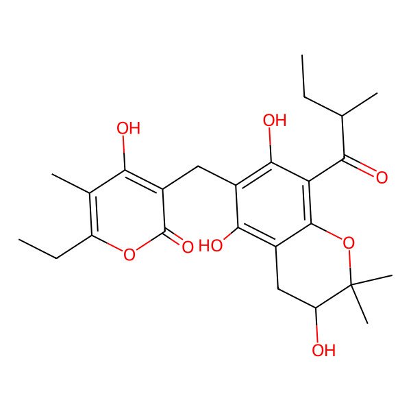 2D Structure of 6-ethyl-4-hydroxy-5-methyl-3-[[(3S)-3,5,7-trihydroxy-2,2-dimethyl-8-[(2S)-2-methylbutanoyl]-3,4-dihydrochromen-6-yl]methyl]pyran-2-one
