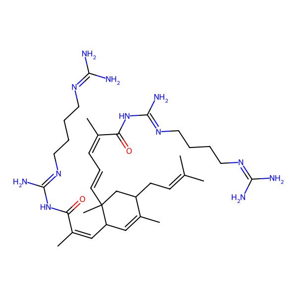 2D Structure of (2E,4E)-N-[N'-[4-(diaminomethylideneamino)butyl]carbamimidoyl]-5-[(1R,2S,5R)-2-[(E)-3-[[N'-[4-(diaminomethylideneamino)butyl]carbamimidoyl]amino]-2-methyl-3-oxoprop-1-enyl]-1,4-dimethyl-5-(3-methylbut-2-enyl)cyclohex-3-en-1-yl]-2-methylpenta-2,4-dienamide